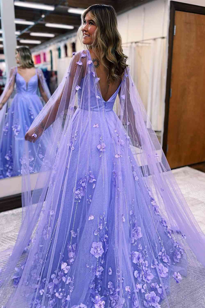 Princess Lavender 3D Flowers Tulle Prom Dress with Cape Y4292