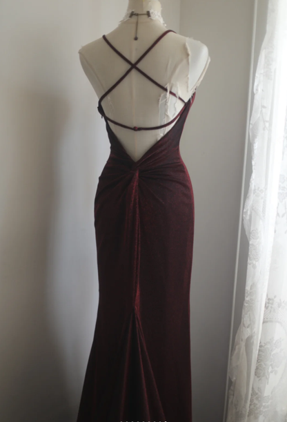 Elegant Spaghetti Straps Burgundy V Neck Satin Pleated Mermaid Long Wedding Guest Dress Evening Dress SP1208