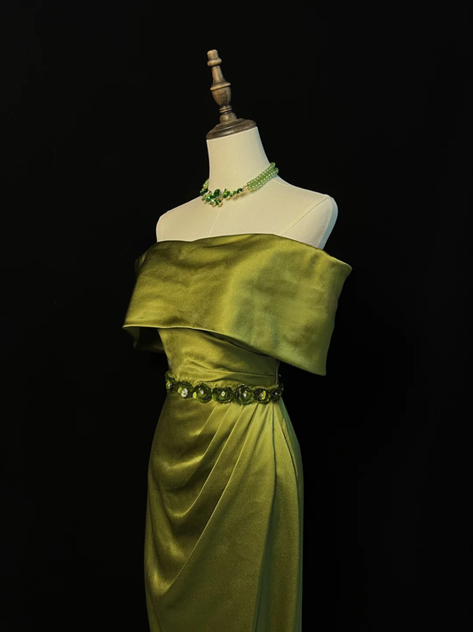 Classy Olive Green Satin Off The Shoulder Slit Prom Dress,Slit Mermaid Evening Dress Y8650
