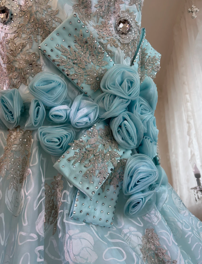 Charming Spaghetti Straps Tulle Rose Floral Mermaid Prom Dress, Blue Appliques Beaded Long Birthday Party Dress SP1464