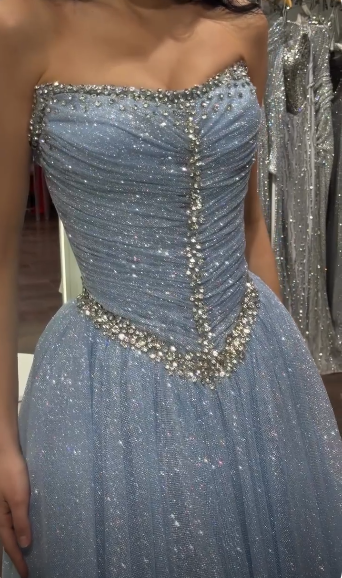Glitter Strapless Light Blue Tulle Sequin Beaded A Line Long Party Dress Birthday Prom Gowns SP4147
