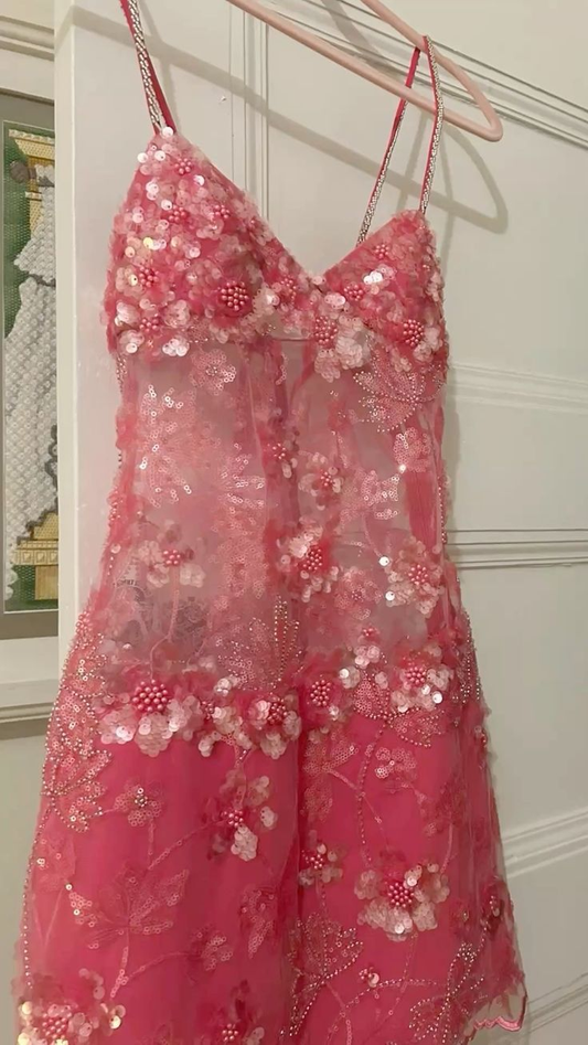 Pretty Spaghetti Straps Pink Sequin Short Birthday Outfits Graduation Homecoming Dress Y9754