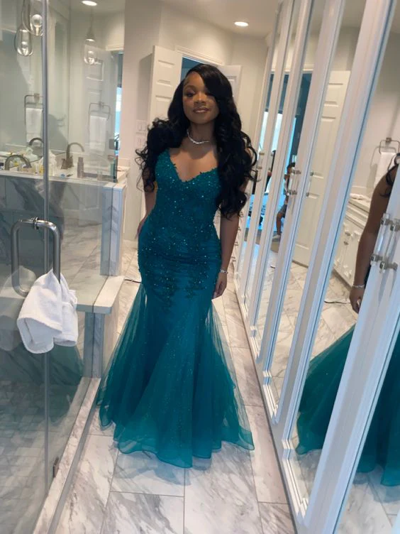 Dark Green Mermaid Tulle Lace Prom Dress Winter Formal Gown  Y4169
