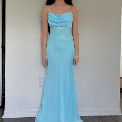 Classy Spaghetti Straps Beaded Satin Chiffon Mermaid Party Dress Long Prom Gowns SP444