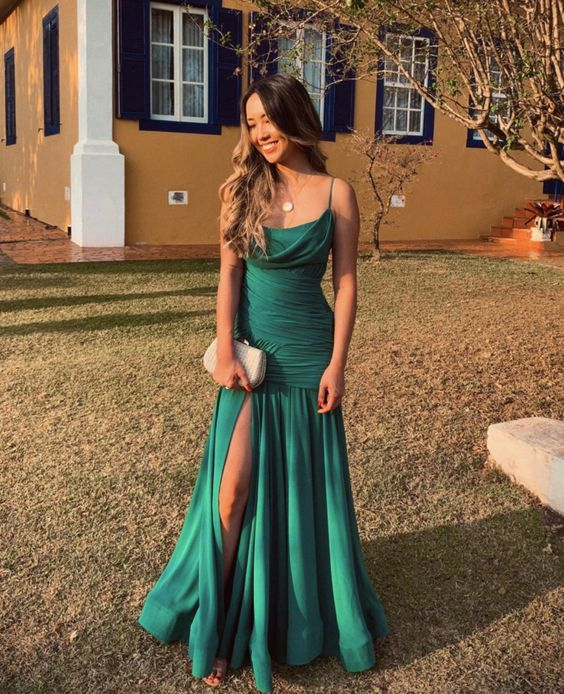 Green Spaghetti Straps Long Prom Dress Party Dress with Slit Y7155