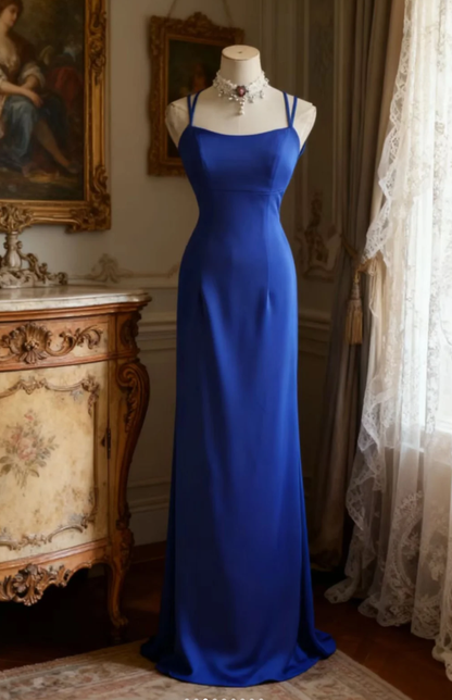 Sexy Spaghetti Straps Royal Blue Backless Satin Long Wedding Guest Dress Party Gown SP753