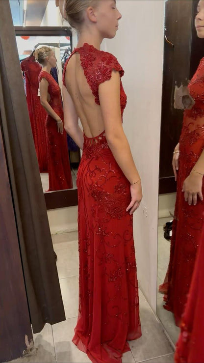 Pretty Red Chiffon Sequin Beaded Mermaid Long Party Dress Backless Long Birthday Prom Gown SP3907