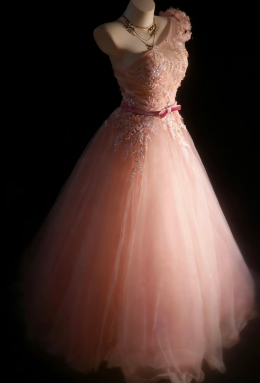 Glamorous Pink One Shoulder tulle Sequin Appliques Long Evening Dress Birthday Dress SP1845