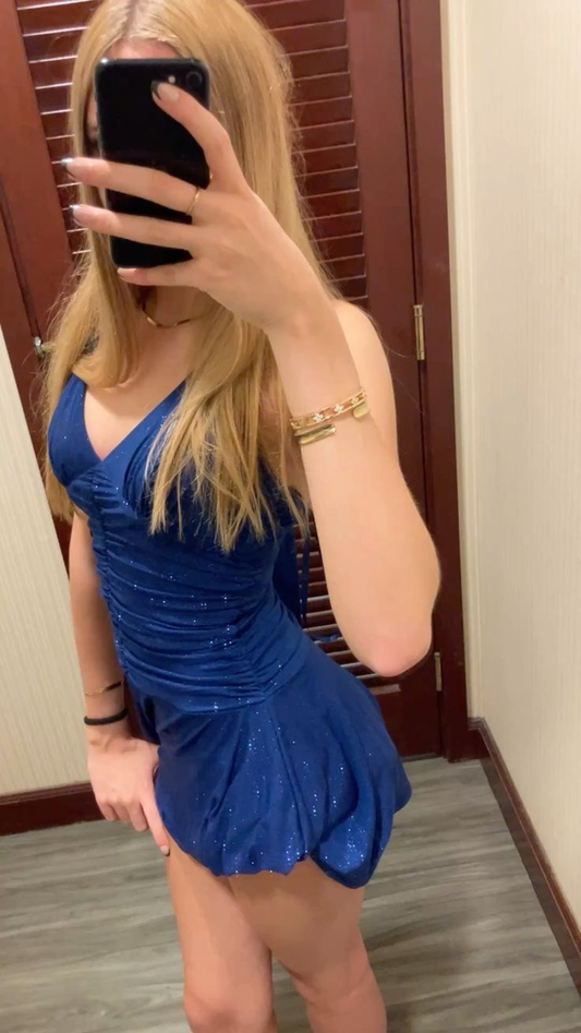 Shiny Blue V Neck Satin Sequin Short Homecoming Dress,Mini Prom Gown SP3050