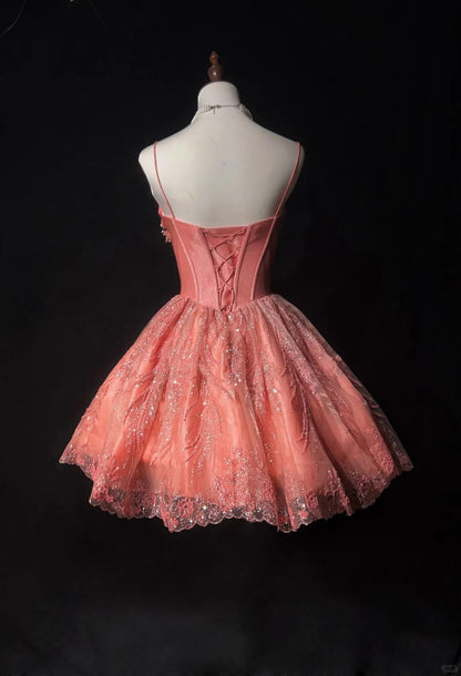 Pretty Pink Spaghetti Straps Satin Tulle Floral A Line Short Prom Dress,Formal Mini Graduation Homecoming Dress SP2919