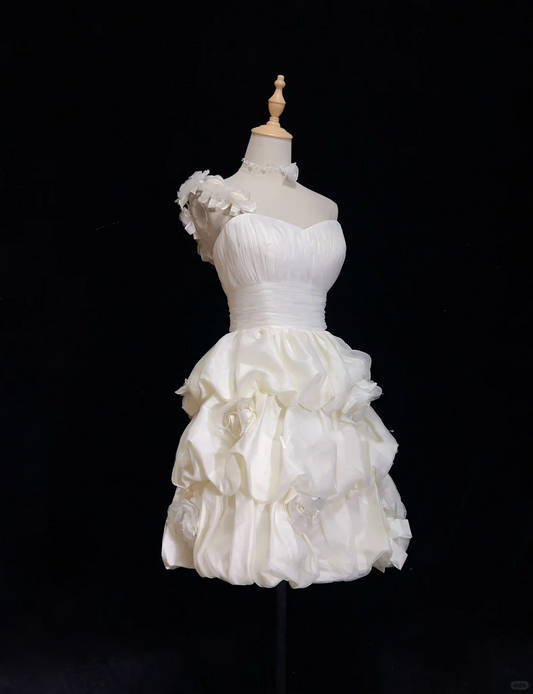 Fairy One Shoulder Satin Pleated A Line Mini Birthday Dress,White Short Homecoming Dress With 3D Flowers SP2900