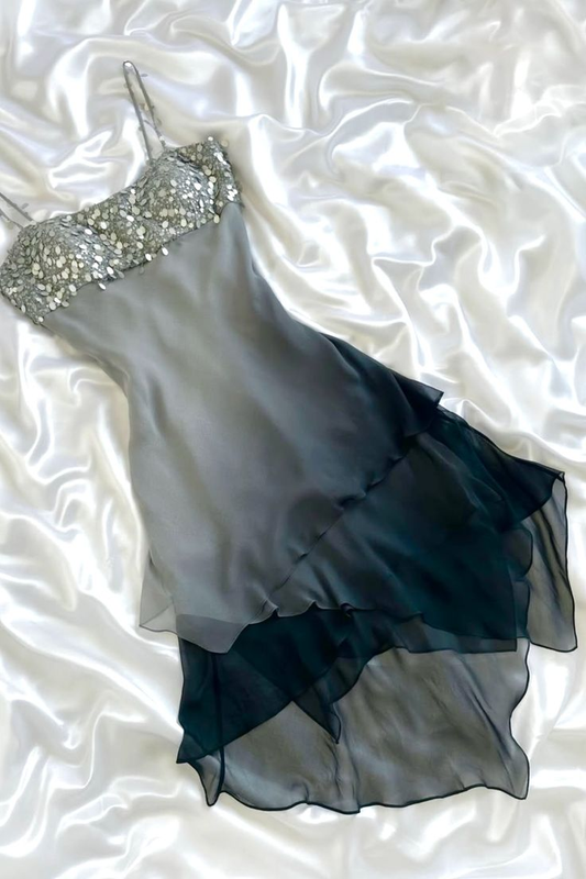 Vintage Spaghetti Straps Ombre Black Sequin Chiffon A Line Short Homecoming Dress Cocktail Dress SP2785