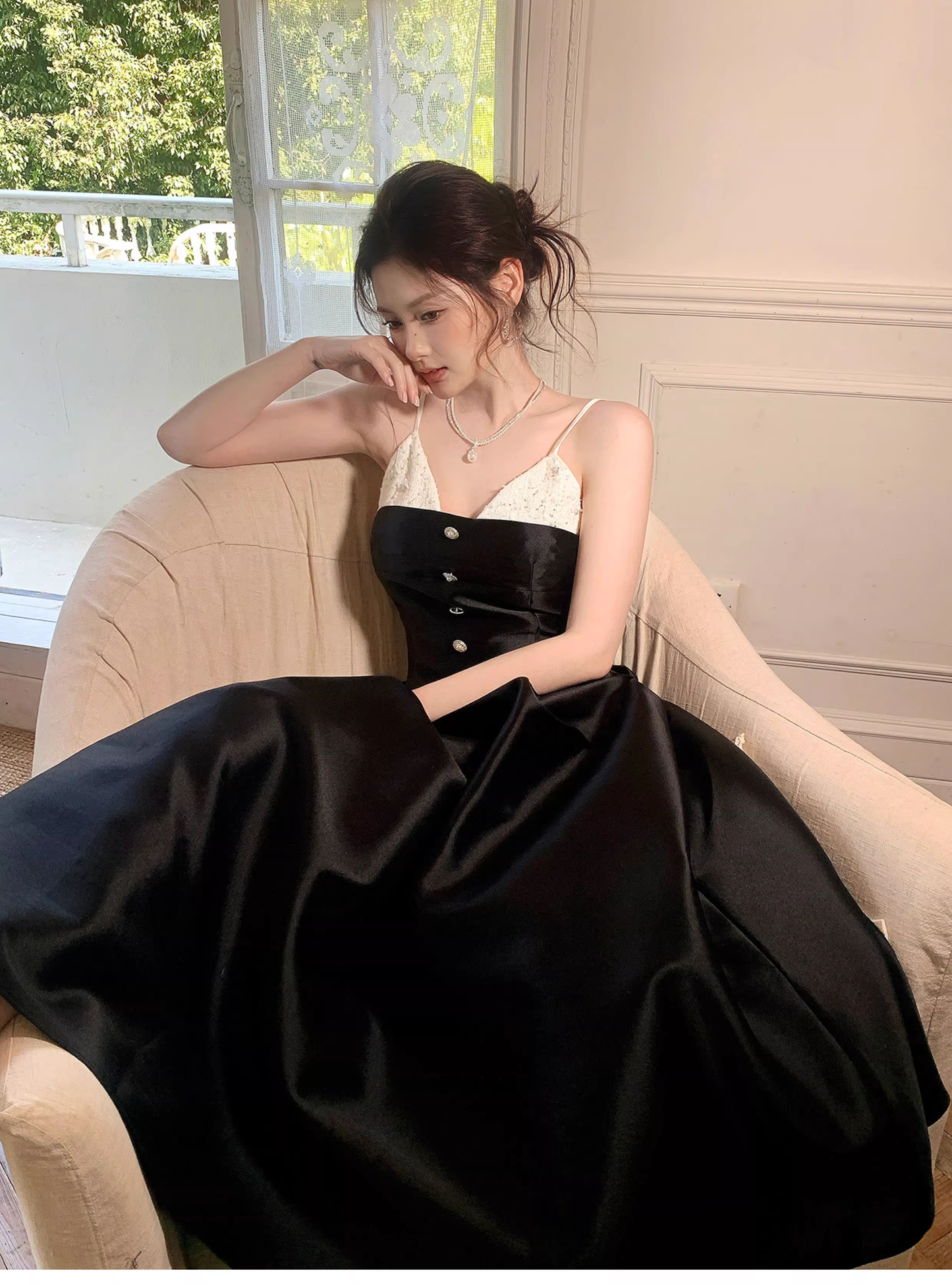 Pretty Spaghetti Straps V Neck Satin A Line Long Evening Dress Black Birthday Dress SP1655