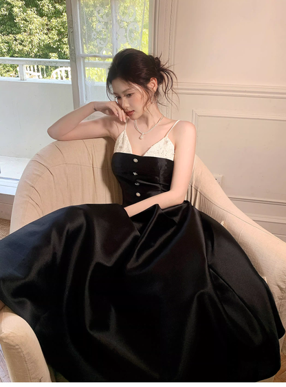 Pretty Spaghetti Straps V Neck Satin A Line Long Evening Dress Black Birthday Dress SP1655