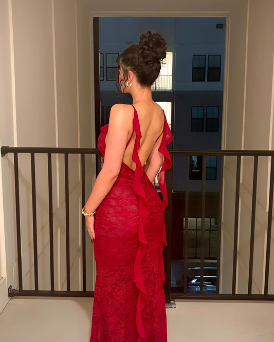 Pretty Spaghetti Straps V Neck Red Lace Backless Mermaid Party Dress Birthday Outfits SP897