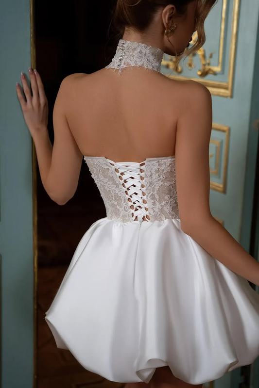 Elegant Strapless Lace Satin A Line Short Birthday Outfits,White Short 7th Grade Homecoming Dress SP3071