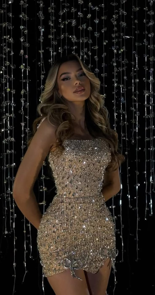 Vintage Champagne Satin Beaded Sheath Short Homecoming Dress,Mini 16th Birthday Outfits SP2979