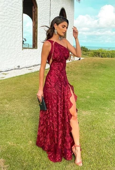 Elegant One Shoulder Red Lace Prom Evening Dresses with Slit Y5293