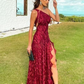 Elegant One Shoulder Red Lace Prom Evening Dresses with Slit Y5293
