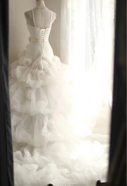 Charming Spaghetti Straps White Tulle Pleated Mermaid Long Wedding Dress Bridal Dress SP1212