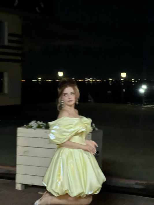 Elegant Off The Shoulder Satin Pleated A Line Short Birthday Dress,Yellow Short Homecoming Dress SP2799