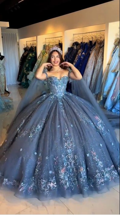Elegant Sweetheart Neck Tulle Sequin Beaded Sweet 16 Dress Navy Blue Quinceanera Dress SP4297