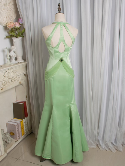 Charming Green Halter V Neck Satin Beaded Long Evening Dress Birthday Prom Dress SP1509