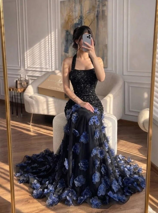 Pretty Black Halter Tulle Beaded Applique Mermaid Prom Dress Long Party Dress SP2664