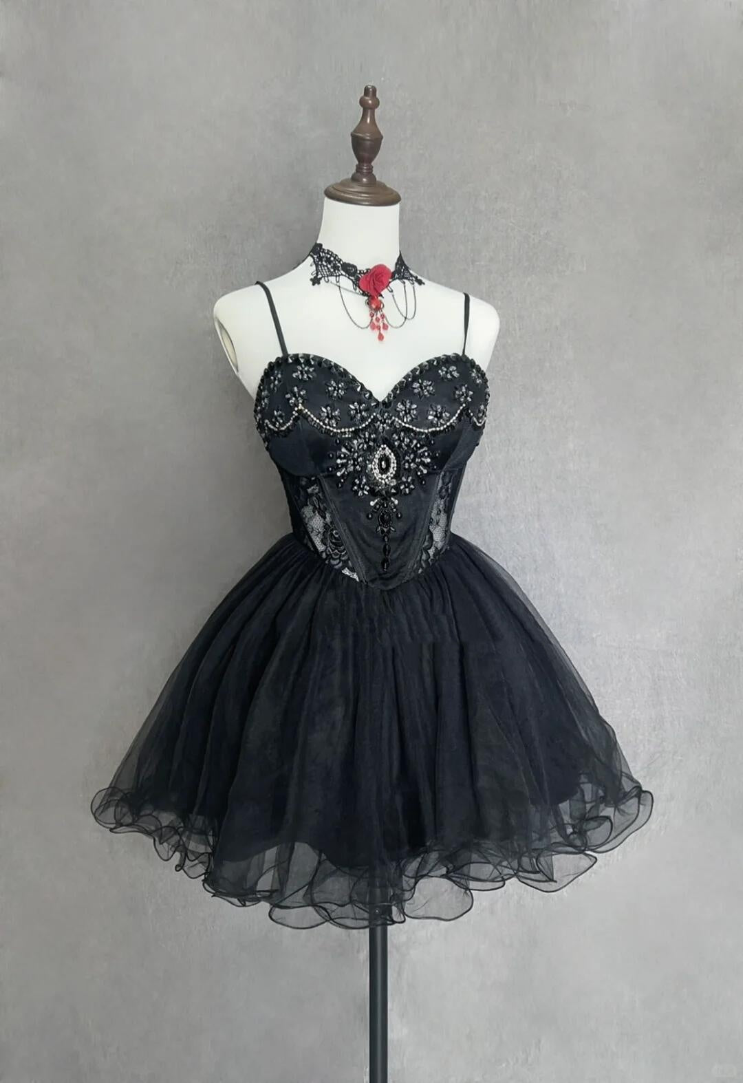 Retro Spaghetti Straps Tulle Beaded A Line Short 9th Grade Homecoming Dress,Black Short Prom Gown SP2916