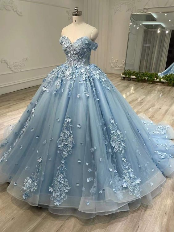 Lace Blue Off the Shoulder Ball Gown for Women Y6764