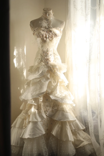 Vintage White Halter Satin Tulle Beaded Mermaid Long Wedding Dress SP666