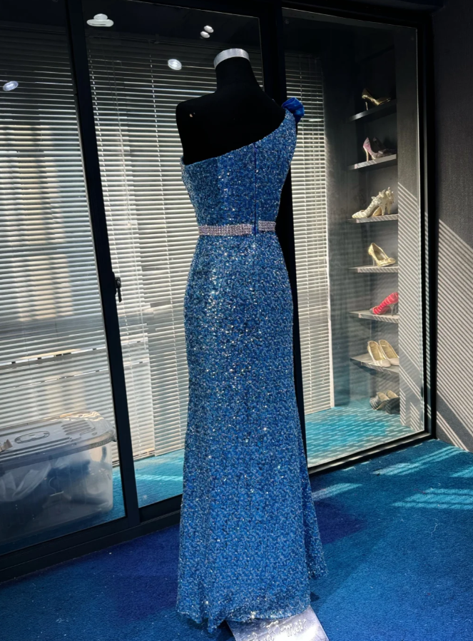 Gorgeous One Shoulder Blue Sequin Beaded Mermaid Long Party Dress 20th Birthday Outfits SP1956