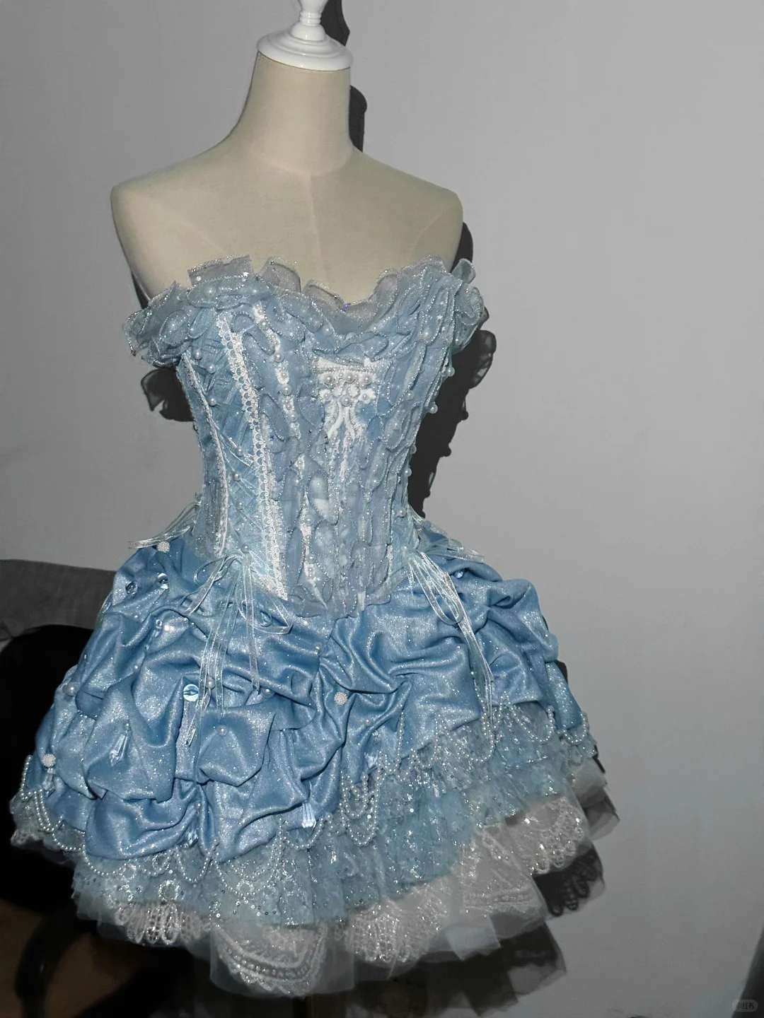 Charming Blue Strapless Satin Lace Sequin A Line Short Homecoming Dress Birthday Dress SP4217