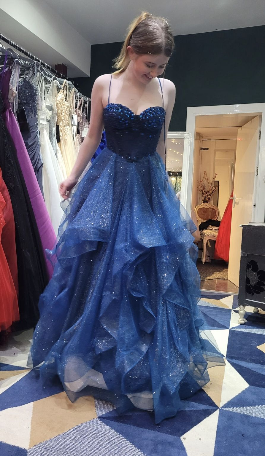 Glitter Spaghetti Straps Navy Blue Tulle Sequin Appliques Long Party Dress Birthday Dress SP2169