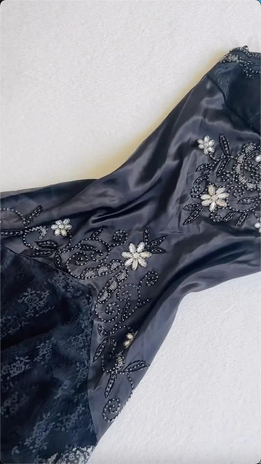 Gorgeous Spaghetti Straps Black Satin Lace Beaded Mermaid Long Party Dress Birthday Prom Gown SP2699