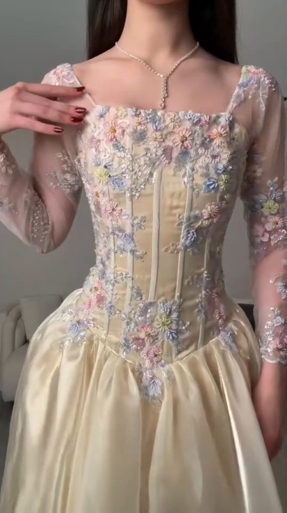Classy Light Champagne Tulle Beaded Floral A Line Long Wedding Guest Dress Formal Evening Dress Birthday Dress SP2269