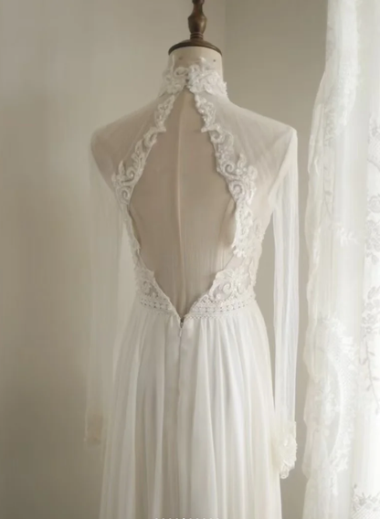 Charming White Tulle Chiffon Beaded Long Wedding Dress Backless Bridal Dress SP1175