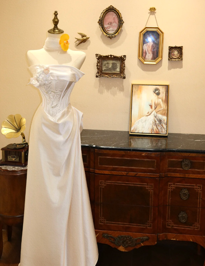 Classy Strapless White Satin Long Party Dress Formal Wedding Guest Dress With Appliques SP1880