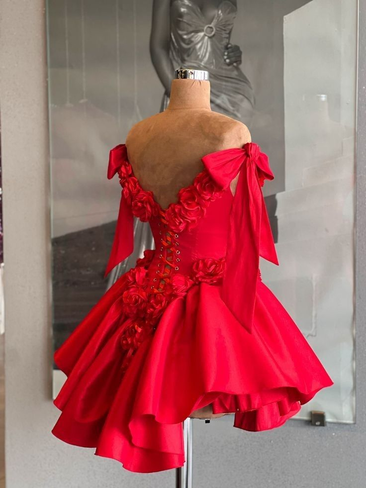 Fashion Bow Straps Satin A Line Mini Cocktail Dress,Red Short Homecoming Dress With 3D Florals SP3197