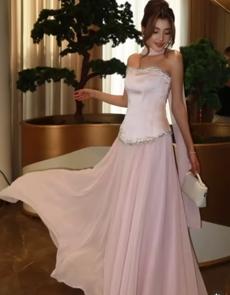 Elegant Strapless Pink Satin Beaded Chiffon Mermaid Party Dress Prom Dress With Ribbon SP536