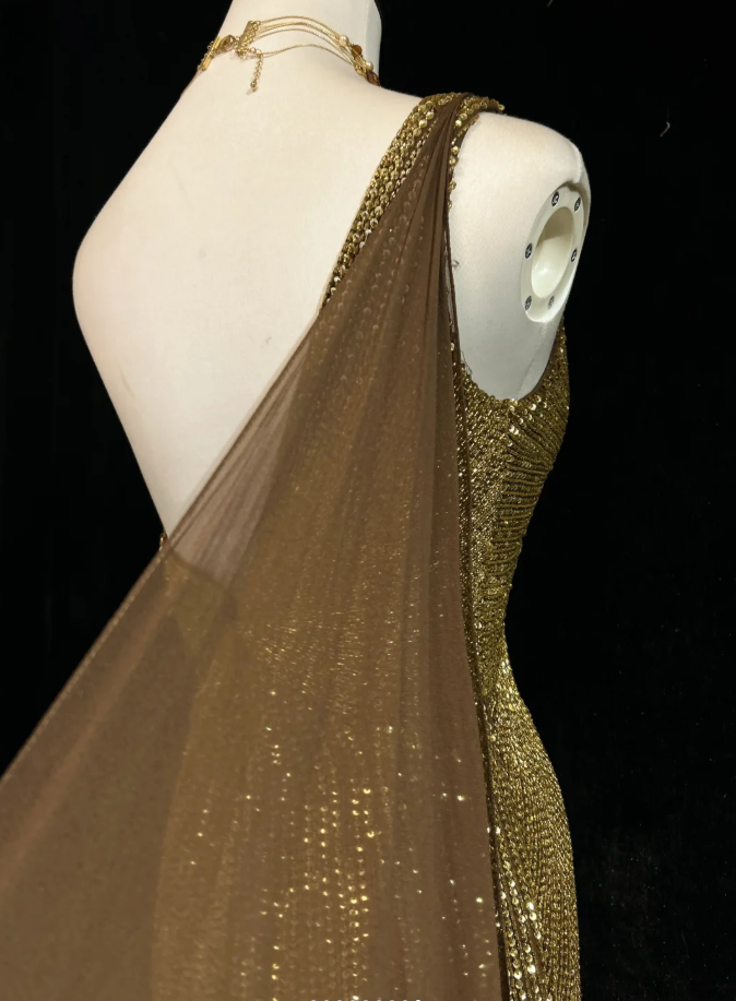 Gorgeous One Shoulder Gold Sequin Beaded Mermaid Long Prom Dress Party Gown SP1857