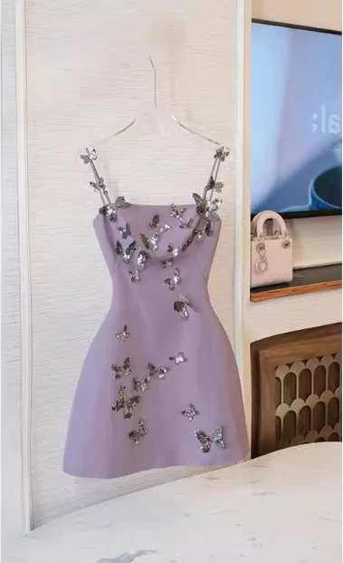 Classy Spaghetti Straps Purple Satin Sequin Butterflies Short Homecoming Dress Birthday Dress SP3271