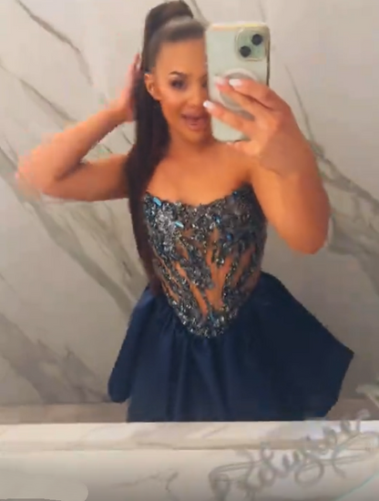 Gorgeous Blue Satin Beaded A Line Short 8th Grade Homecoming Dress,Strapless Short Birthday Outfits SP3141