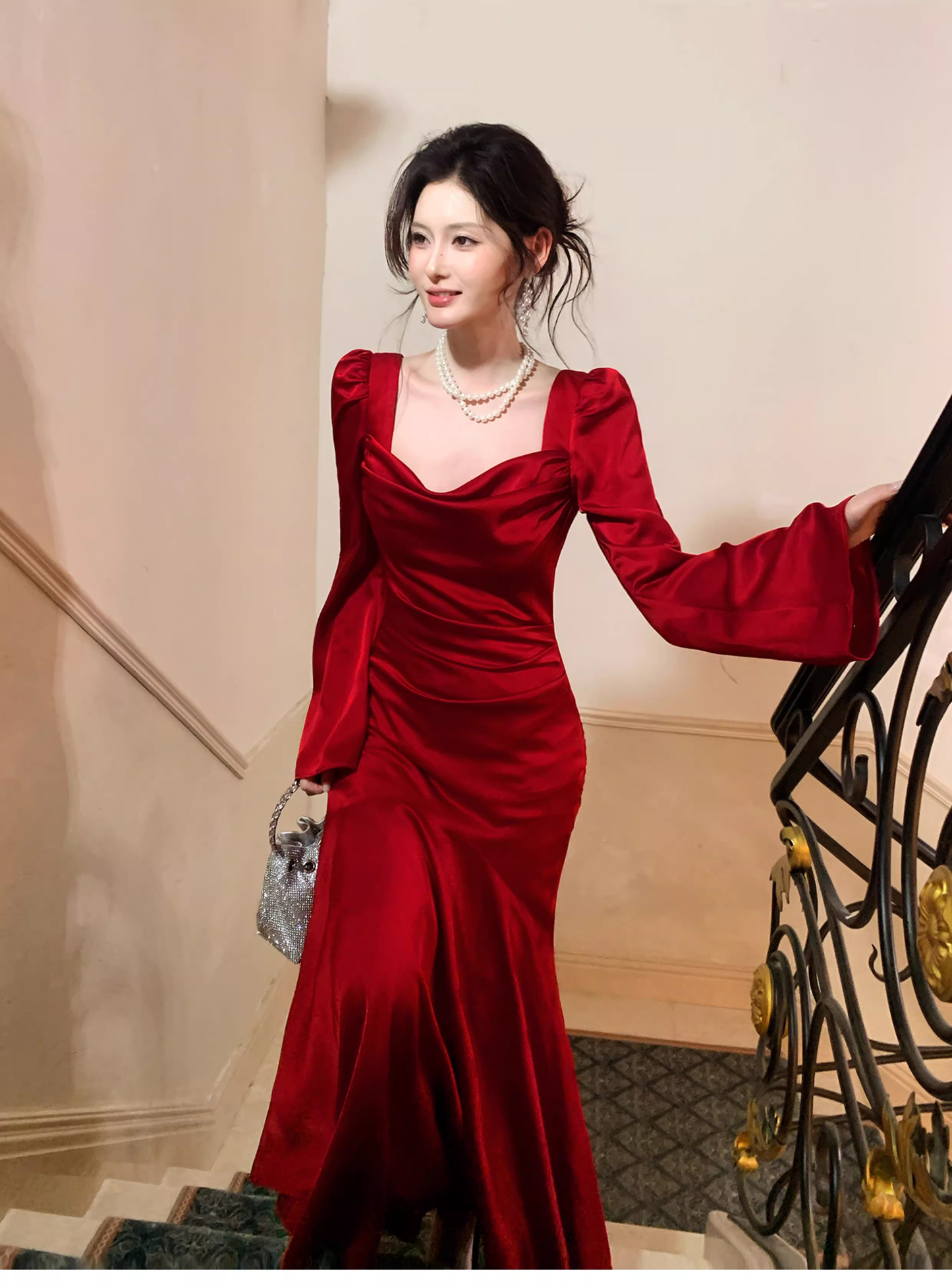 Chic Red Satin Mermaid Long Evening Dress Formal Birthday Prom Gowns SP1647