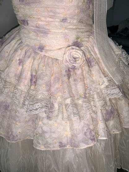Cute Spaghetti Straps Lilac Print Floral Layered A Line Birthday Outfits Formal Homecoming Dress Y9182