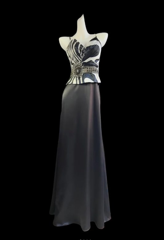 Vintage Spaghetti Straps V Neck Black Satin Long Party Dress Formal Wedding Guest Dress SP417