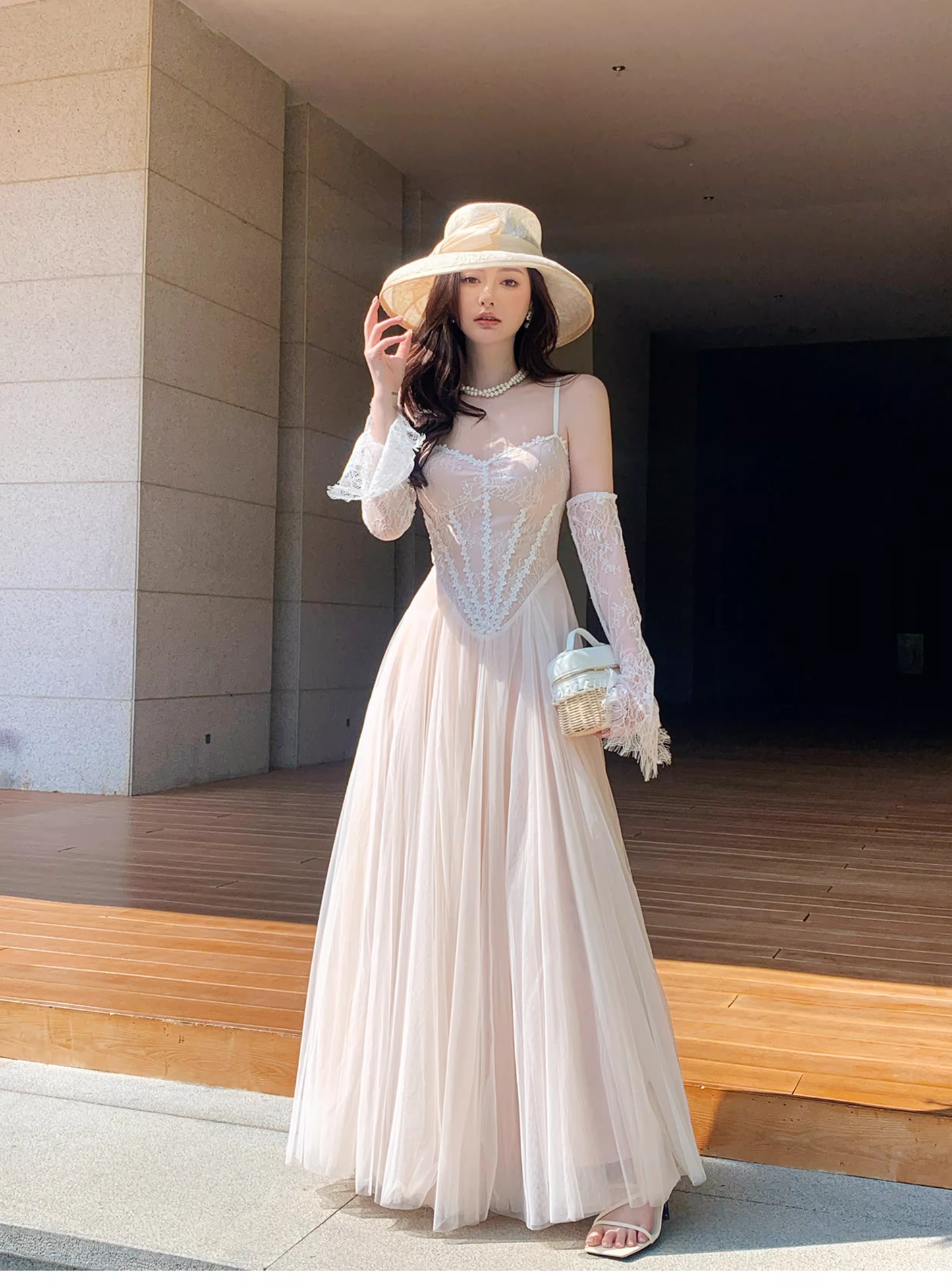Pretty Pale Pink Spaghetti Straps Tulle Lace Appliques ALine Long Party Dress Birthday Dress SP1975