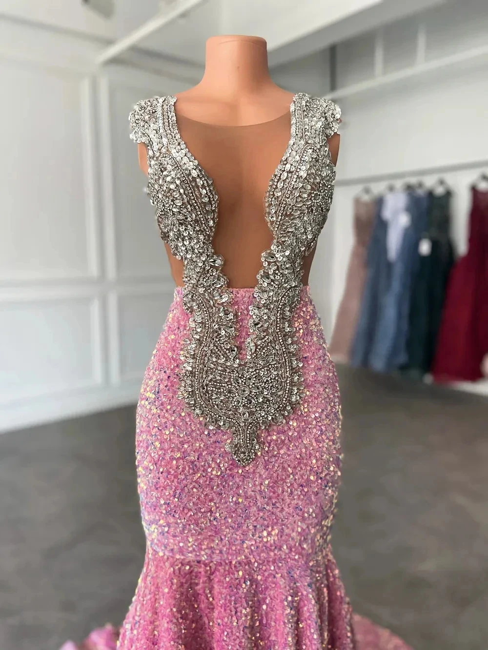 Sparkling pink prom dresses, Sexy sequins mermaid pink prom pageant evening dress Y477