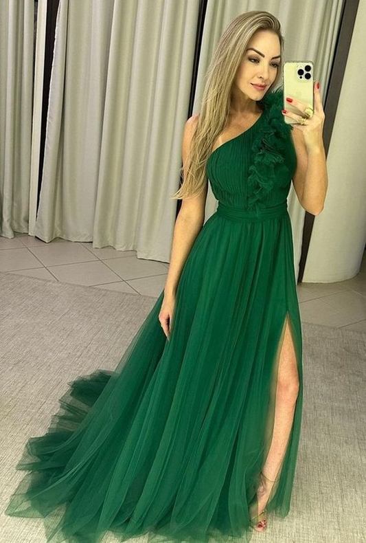 Elegant Green One Shoulder Tulle Prom Dress For Women Y6159