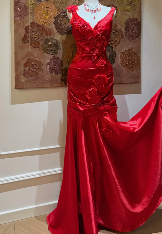 Elegant Red V Neck Satin Mermaid Long party Dress Birthday Outfits With 3D Flowers SP1779
